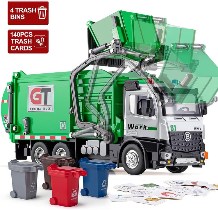Garbage Truck Toy with Lights, Sounds & 4 Trash Bins