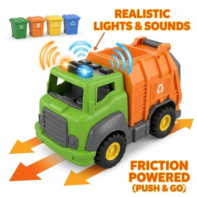 Friction Powered Garbage Truck with 4 Recycling Bins