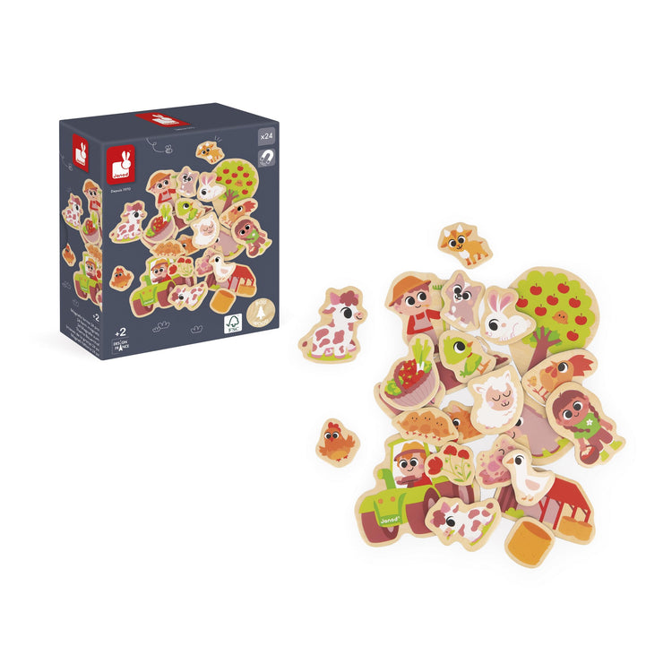 Janod Farm Magnets - 24 Wooden Pieces for Fridge or Board