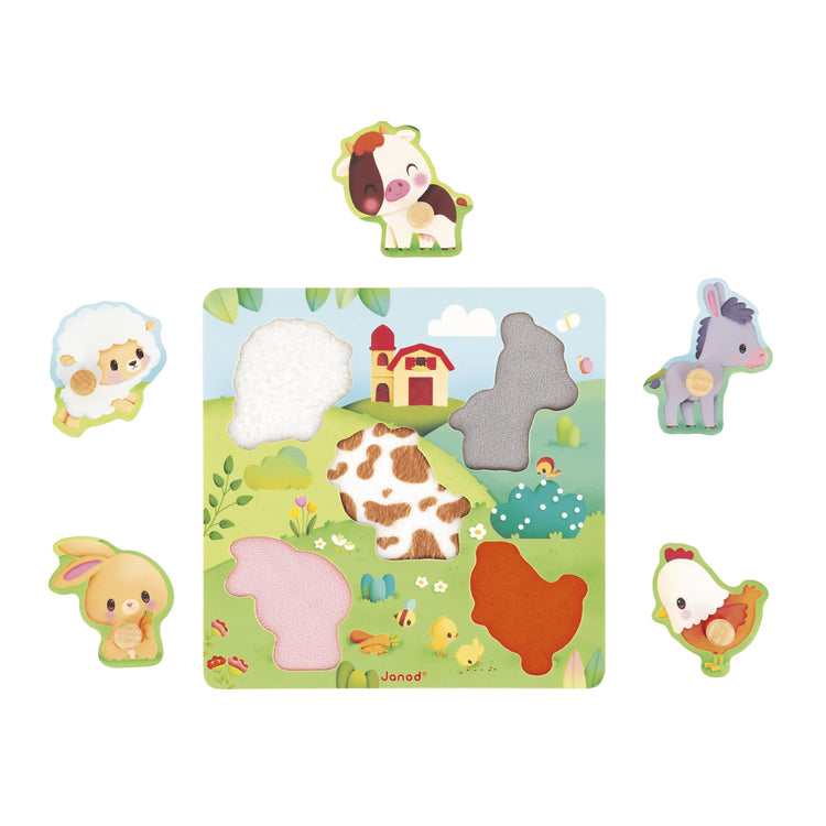 Janod Tactile Farm Puzzle - 5 Textured Wooden Animal Pieces