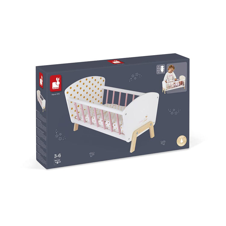Janod Candy Chic Doll Bed - Wooden Cradle with Pillow & Mattress
