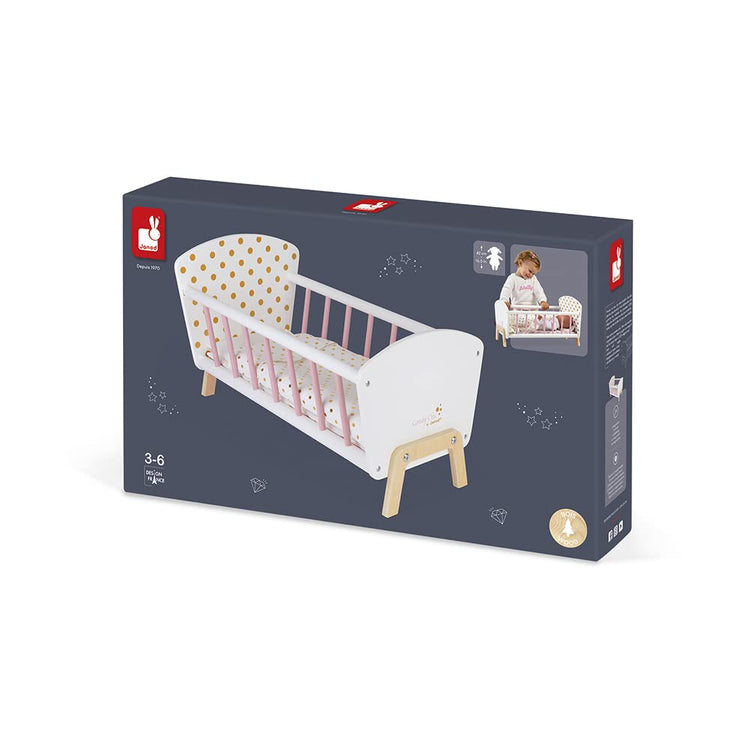 Janod Candy Chic Doll Bed - Wooden Cradle with Pillow & Mattress