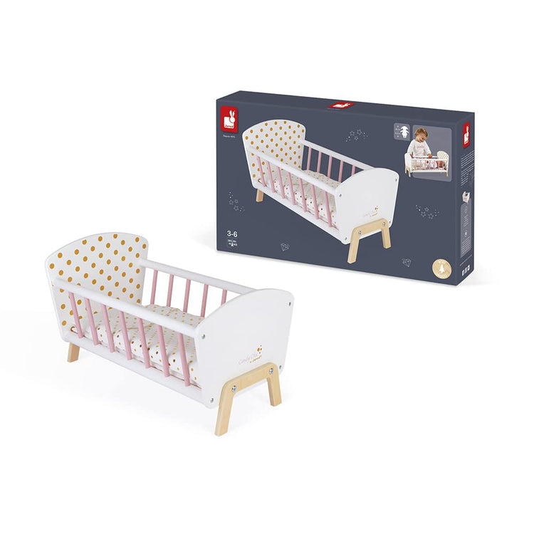 Janod Candy Chic Doll Bed - Wooden Cradle with Pillow & Mattress