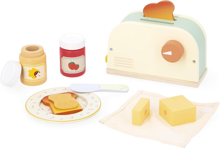 Janod Wooden Toaster - Jumping Toast Breakfast Set, 10 Pieces