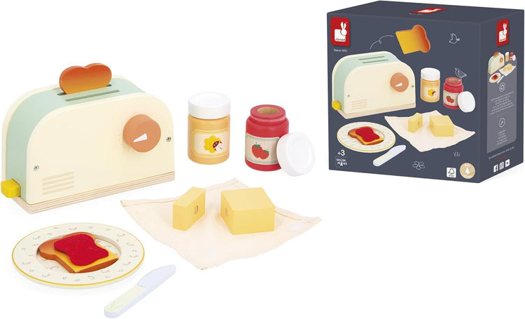 Janod Wooden Toaster - Jumping Toast Breakfast Set, 10 Pieces