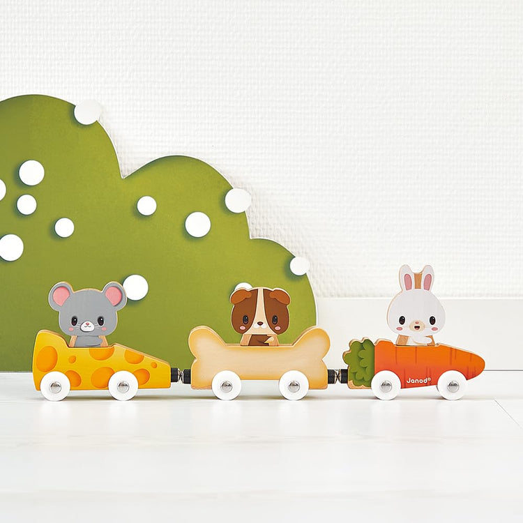 Janod Pets Car Train - Magnetic Cars Shaped Like Favorite Foods