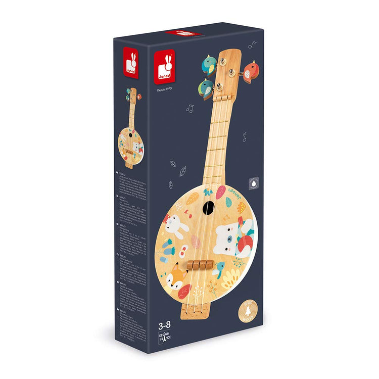 Janod Pure Banjo - Wooden Banjo with Whimsical Bird Tuners