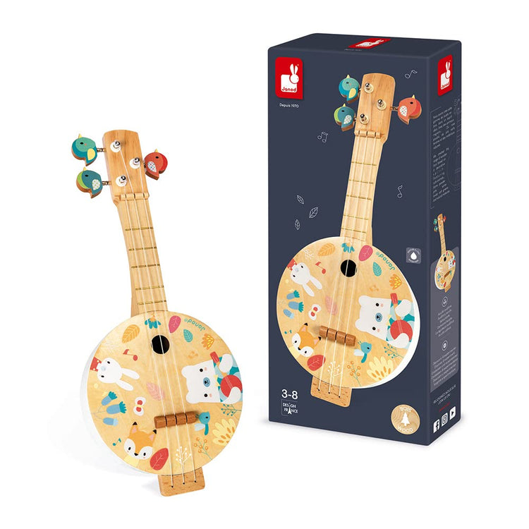 Janod Pure Banjo - Wooden Banjo with Whimsical Bird Tuners