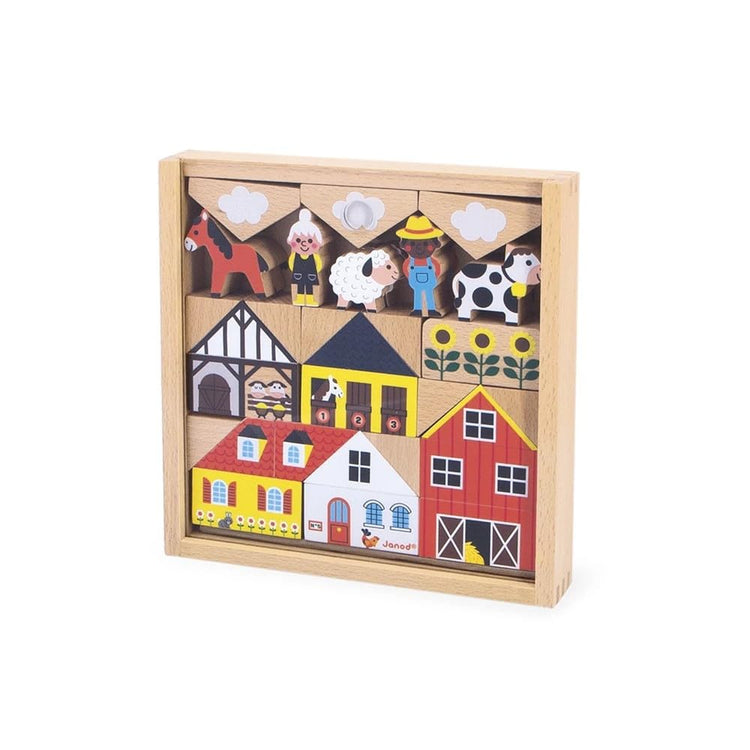 Janod 34 Wooden Cubes - Countryside Building Set for Kids