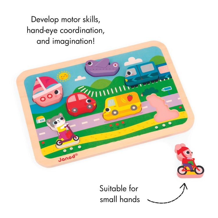 Janod Vehicles Chunky Puzzle - 7 Easy-Grip Wooden Pieces