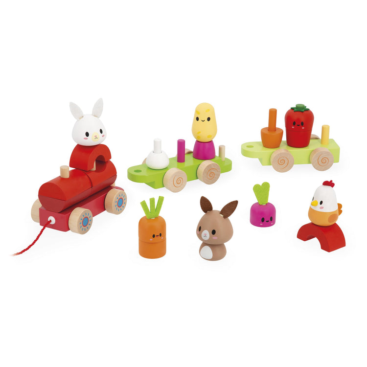 Janod Farm Pull-Along Train - 3 Wagons and 19 Stacking Pieces