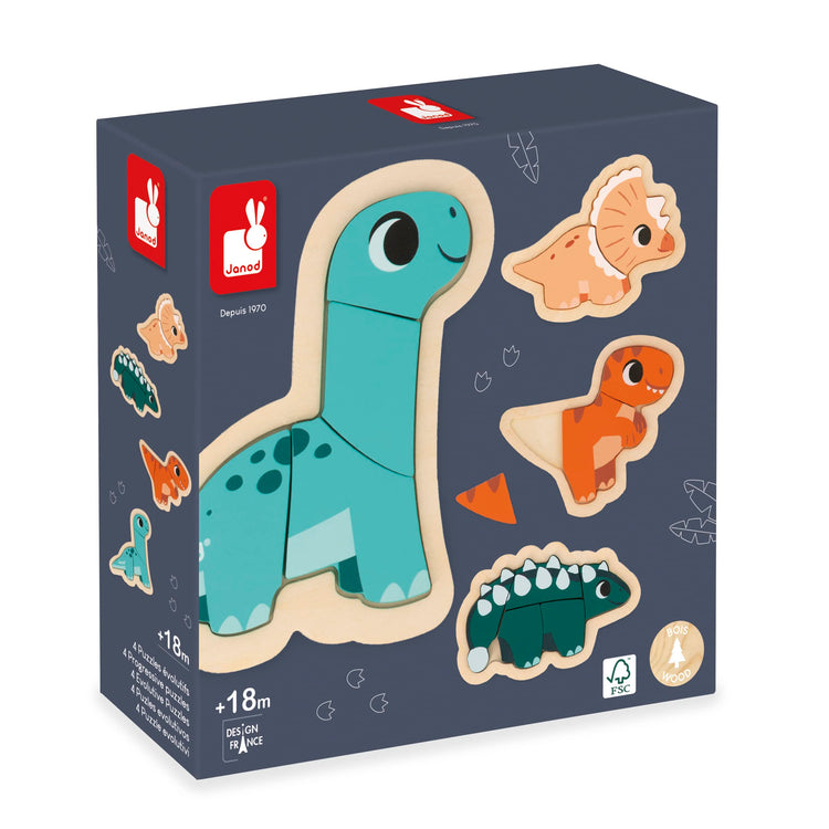 Janod Dino Puzzles - 4 Progressive FSC Wooden Dinosaurs
