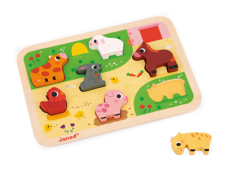 Janod Farm Chunky Puzzle - 7 Easy-Grip Wooden Animal Pieces