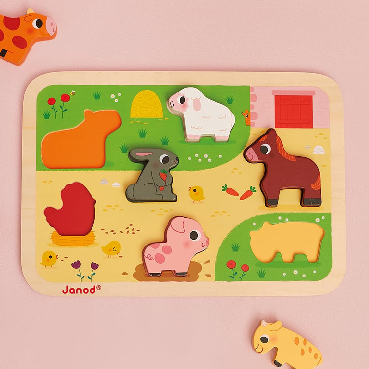 Janod Farm Chunky Puzzle - 7 Easy-Grip Wooden Animal Pieces