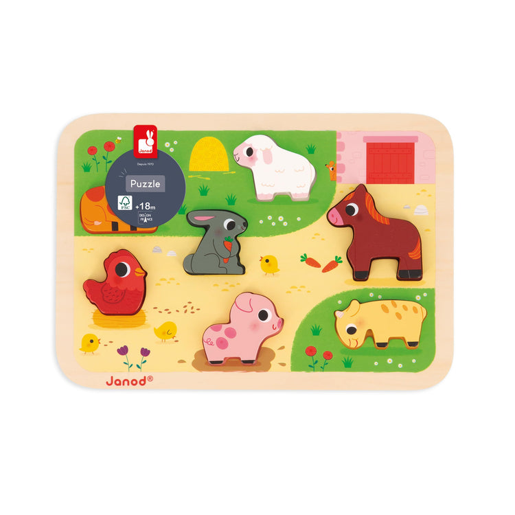 Janod Farm Chunky Puzzle - 7 Easy-Grip Wooden Animal Pieces
