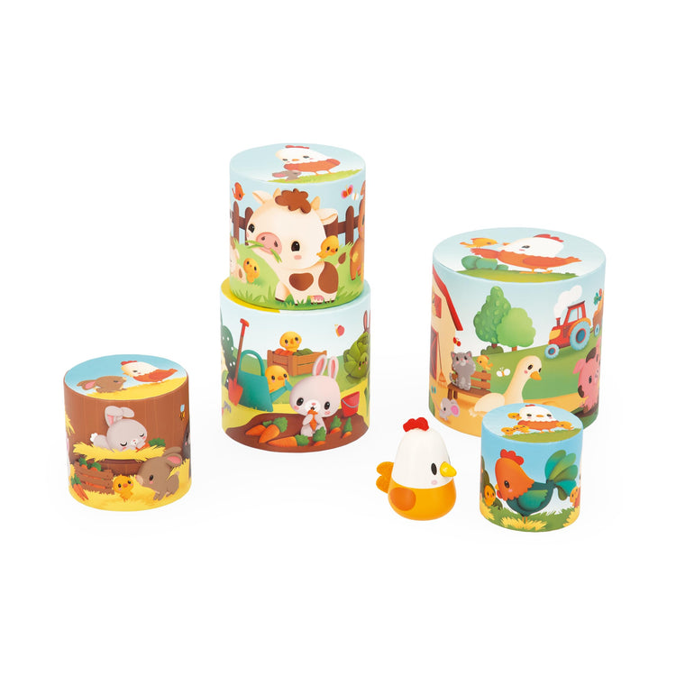Janod Farm Stacking Pyramid - 5 Nesting Cylinders and Hen