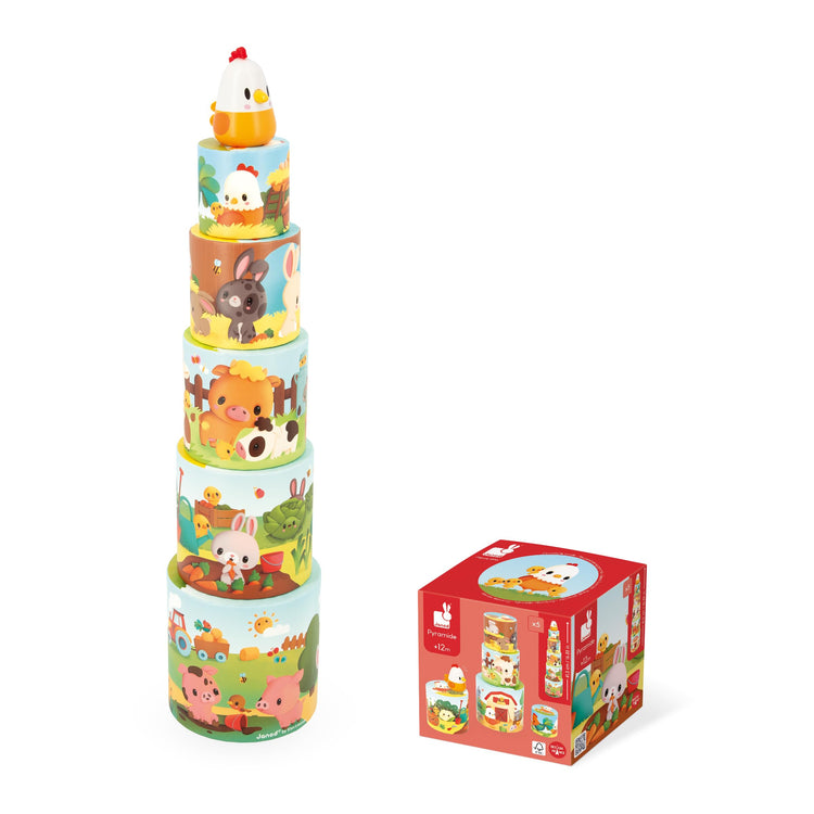 Janod Farm Stacking Pyramid - 5 Nesting Cylinders and Hen