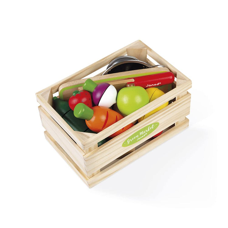 Janod Fruits & Vegetables Maxi Set - Sliceable Wooden Food Crate