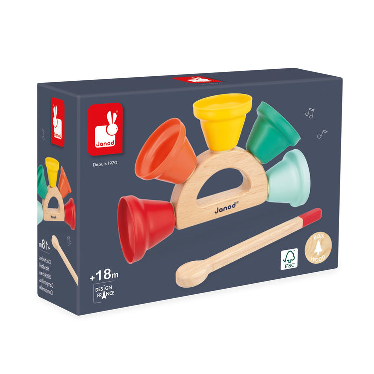 Janod Gioia Handbell Set - 5 Notes on Wooden Holder for Kids
