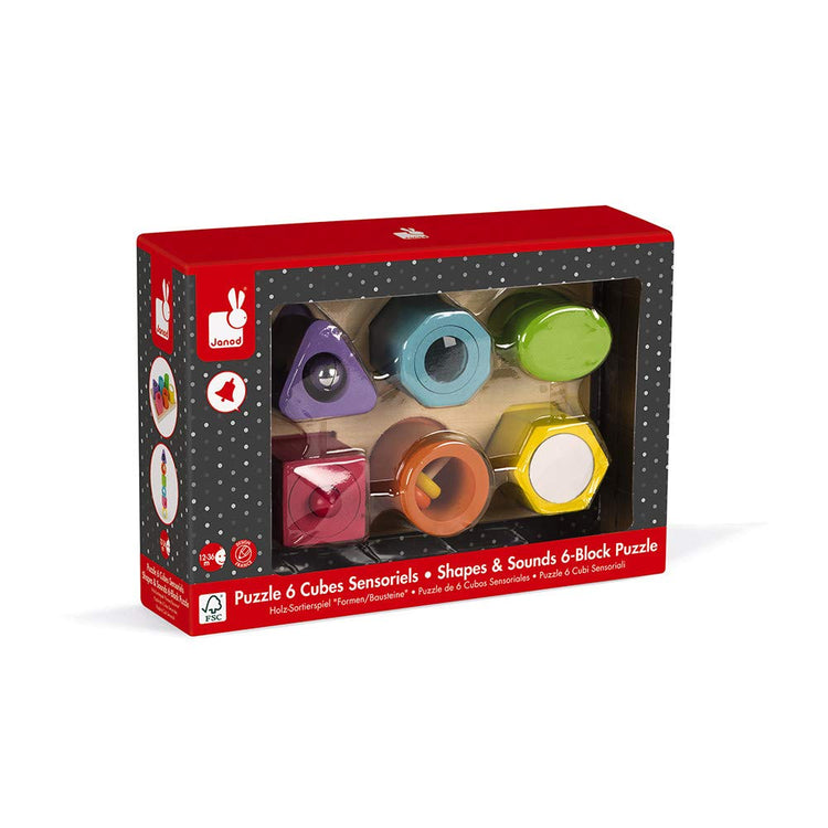 Janod I Wood Puzzle - 6 Sensory Blocks With Sounds and Fun