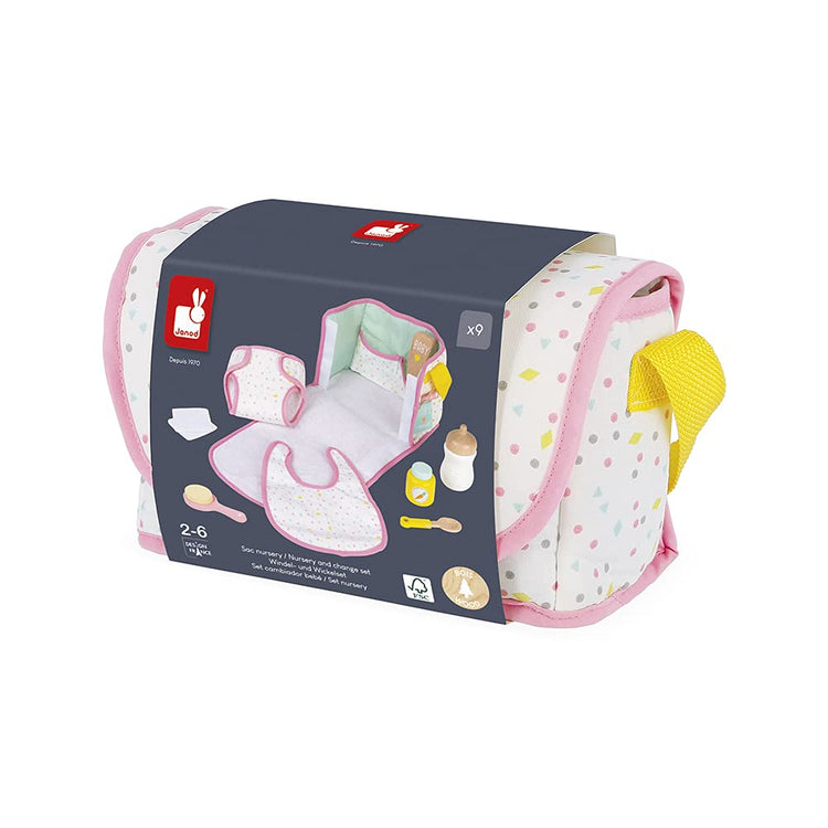 Janod Nursery Changing Set - Doll Diaper Bag with 9 Accessories