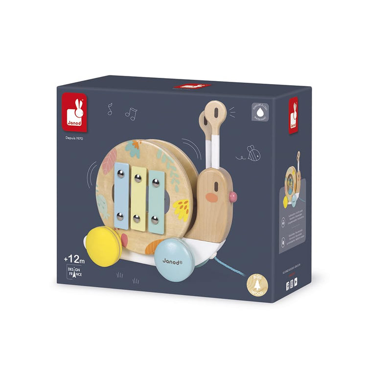 Janod Pure Pull-Along Snail - 2-in-1 Wooden Musical Toy