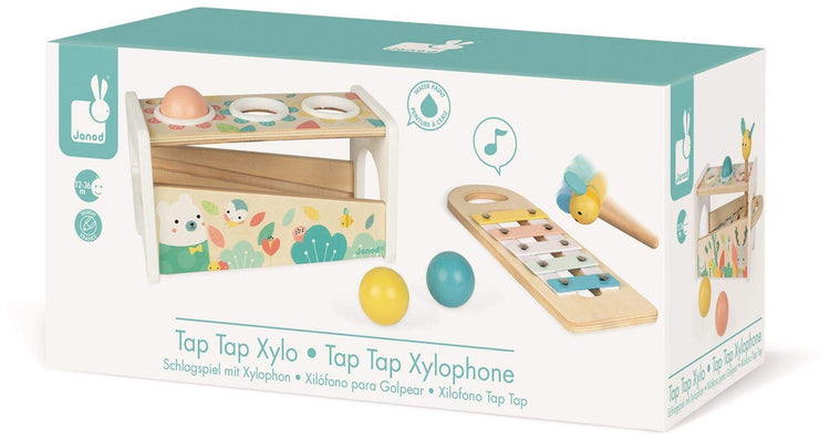 Janod Pure Tap Xylophone Bench - Cherry Wood Balls and Hammer