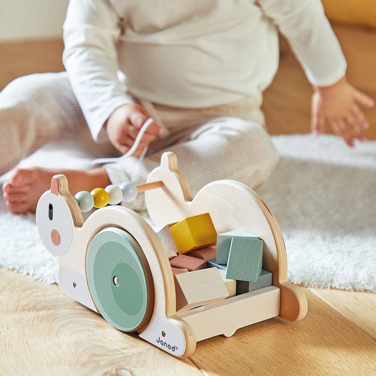 Janod Snail Cube Trolley - 17-Piece Pull-Along Shape Sorter