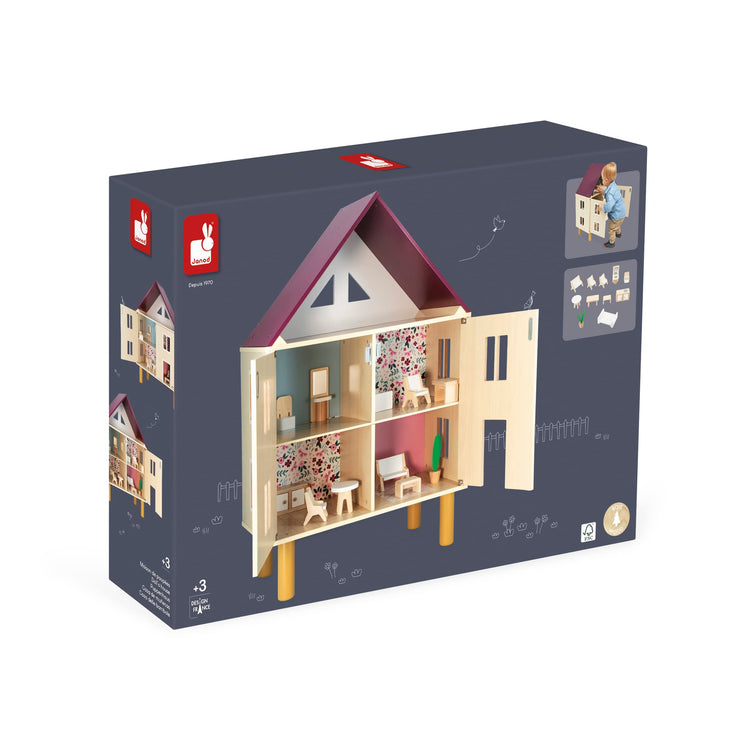 Janod Twist Dollhouse - 3-story Wooden House with 11 Pieces