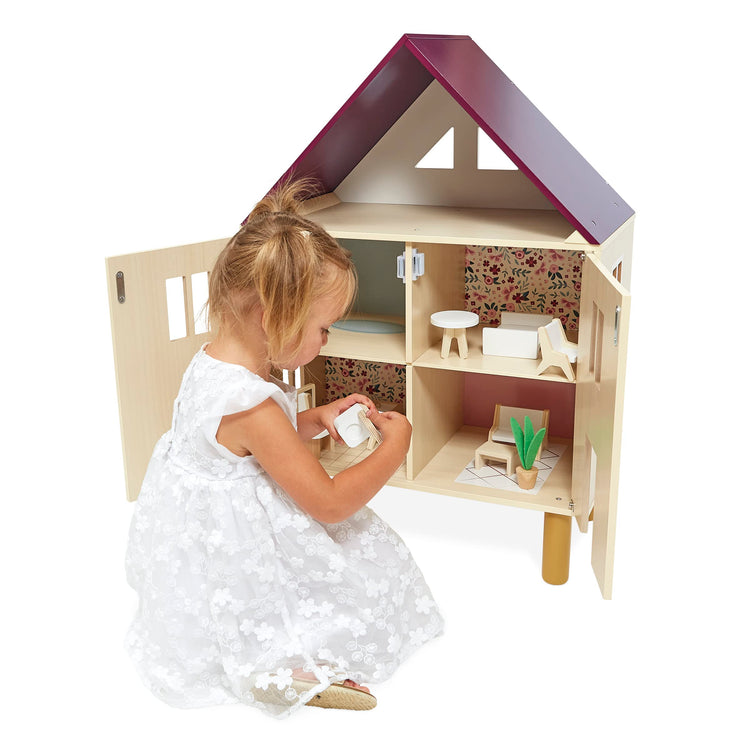 Janod Twist Dollhouse - 3-story Wooden House with 11 Pieces