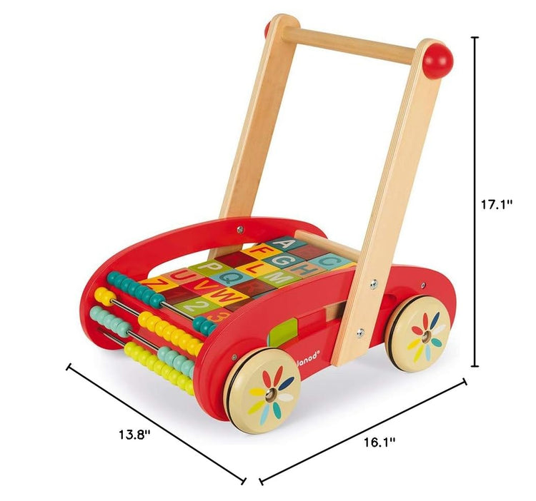 Janod ABC Buggy Cart - 30 Wooden Blocks for Early Learning
