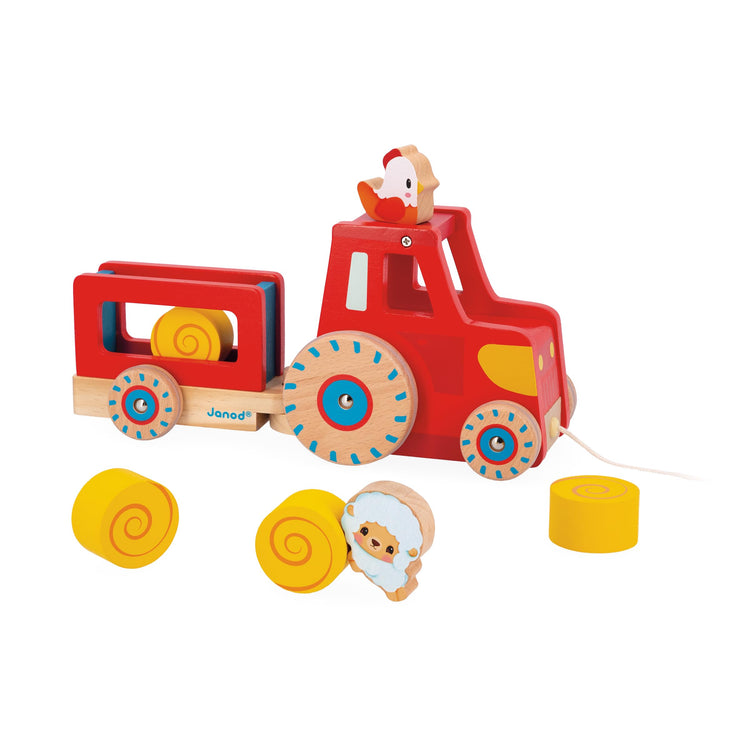 Janod Pull-Along Tractor - Trailer, Animals and 4 Hay Bales