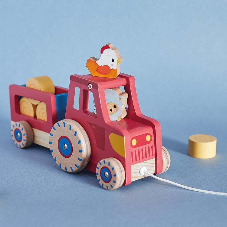 Janod Pull-Along Tractor - Trailer, Animals and 4 Hay Bales