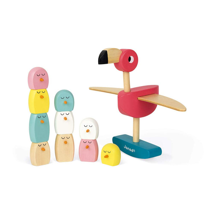 Janod Zigolos Wooden Flamingo Game - Balance 10 Chicks to Win Big
