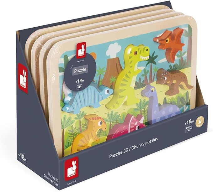 Janod Dinos Sound Peg Puzzle - 5 Wooden Pieces with Roars