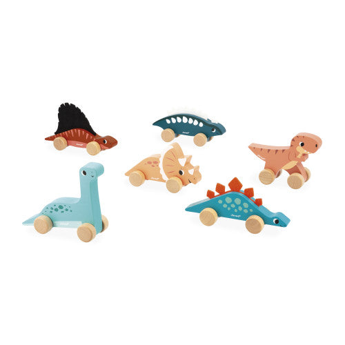 Janod Dinos Push-Along Display x6 - Rolling Wooden Dinosaurs