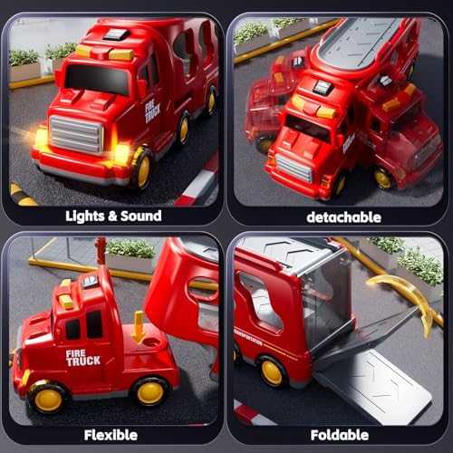 KIZONLY 5-in-1 Fire Truck Carrier Playset with Lights & Sounds