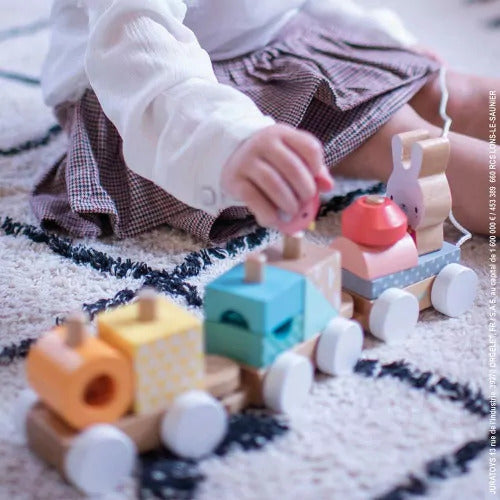 Janod Pure Pull-Along Train - Wooden 17-Piece Stacker Toy