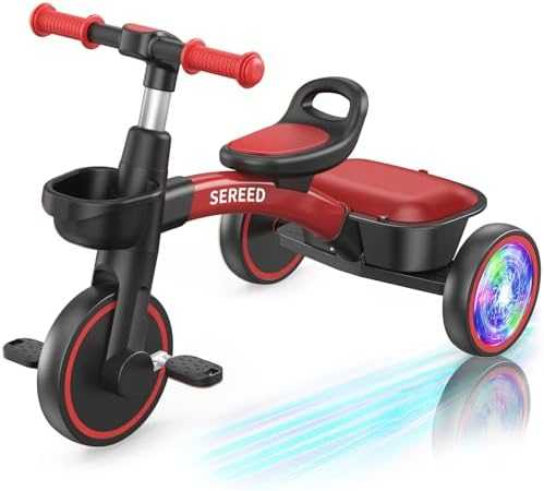 SEREED Toddler Tricycle with Lights & Basket (Pink)
