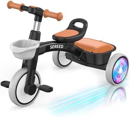 SEREED Toddler Tricycle with Lights & Basket (Pink)