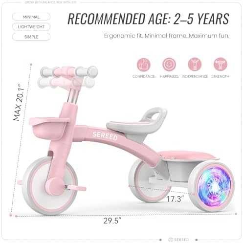 SEREED Toddler Tricycle with Lights & Basket (Pink)