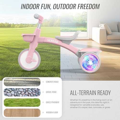 SEREED Toddler Tricycle with Lights & Basket (Pink)