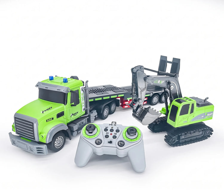 2-in-1 RC Lowbed Semi-Trailer Truck & Excavator Toy Set - 1:12 Scale