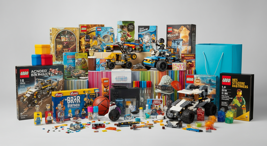 Assorted birthday gift ideas for 11-year-old boys, including LEGO building sets, a basketball, art supplies, board games, and toy vehicles displayed together.