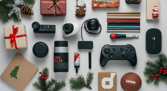 Christmas gift ideas for 14-year-olds featuring gaming controller, tech gadgets, art supplies, and sports equipment arranged on a festive holiday background