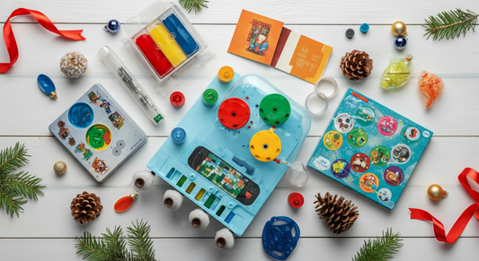 Christmas STEM toys for 10-year-olds including science kit, building set, and educational games on holiday table