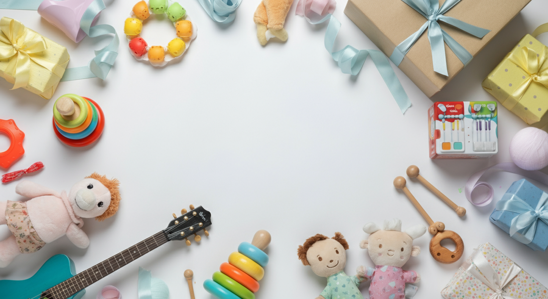 Best birthday gifts for 1 year old girls flat lay with stacking rings, soft dolls, musical toys, and colorful first birthday presents arranged on white background.