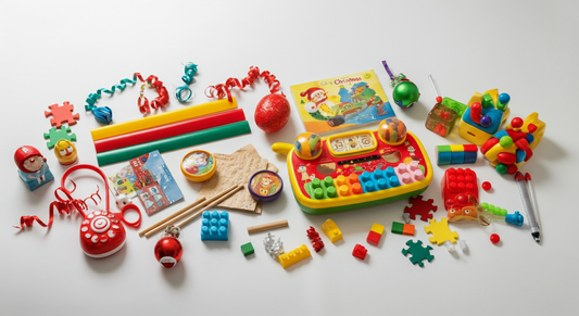 Christmas toys for 3-year-olds including colorful building blocks, puzzle pieces, pretend play cash register, and holiday decorations arranged on a white background