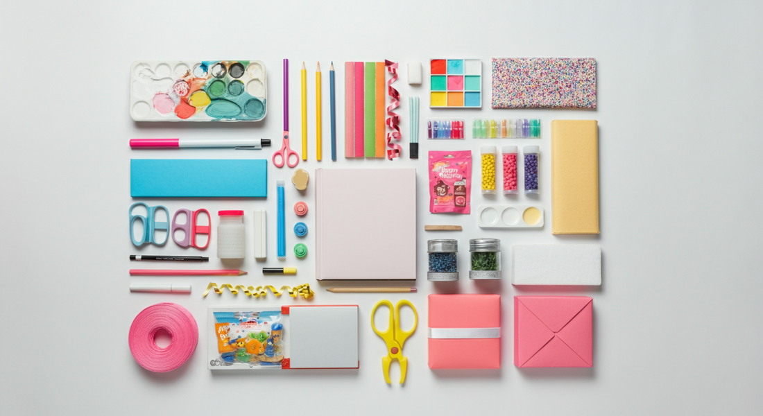 Colorful art and craft supplies arranged on white background, including paint palette, colored pencils, scissors, beads, and gift boxes, ideal birthday gift ideas for 12-year-old girls.