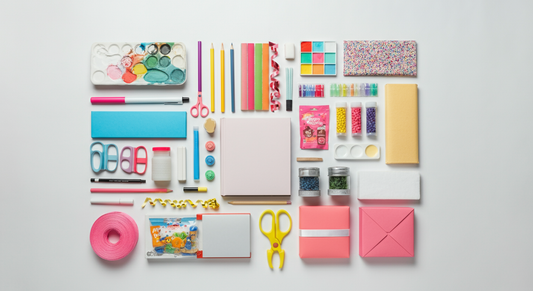 Colorful art and craft supplies arranged on white background, including paint palette, colored pencils, scissors, beads, and gift boxes, ideal birthday gift ideas for 12-year-old girls.
